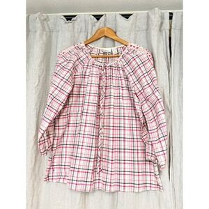 Kim Rogers Pink Plaid Cotton Peasant Blouse Top Crochet Detail Small